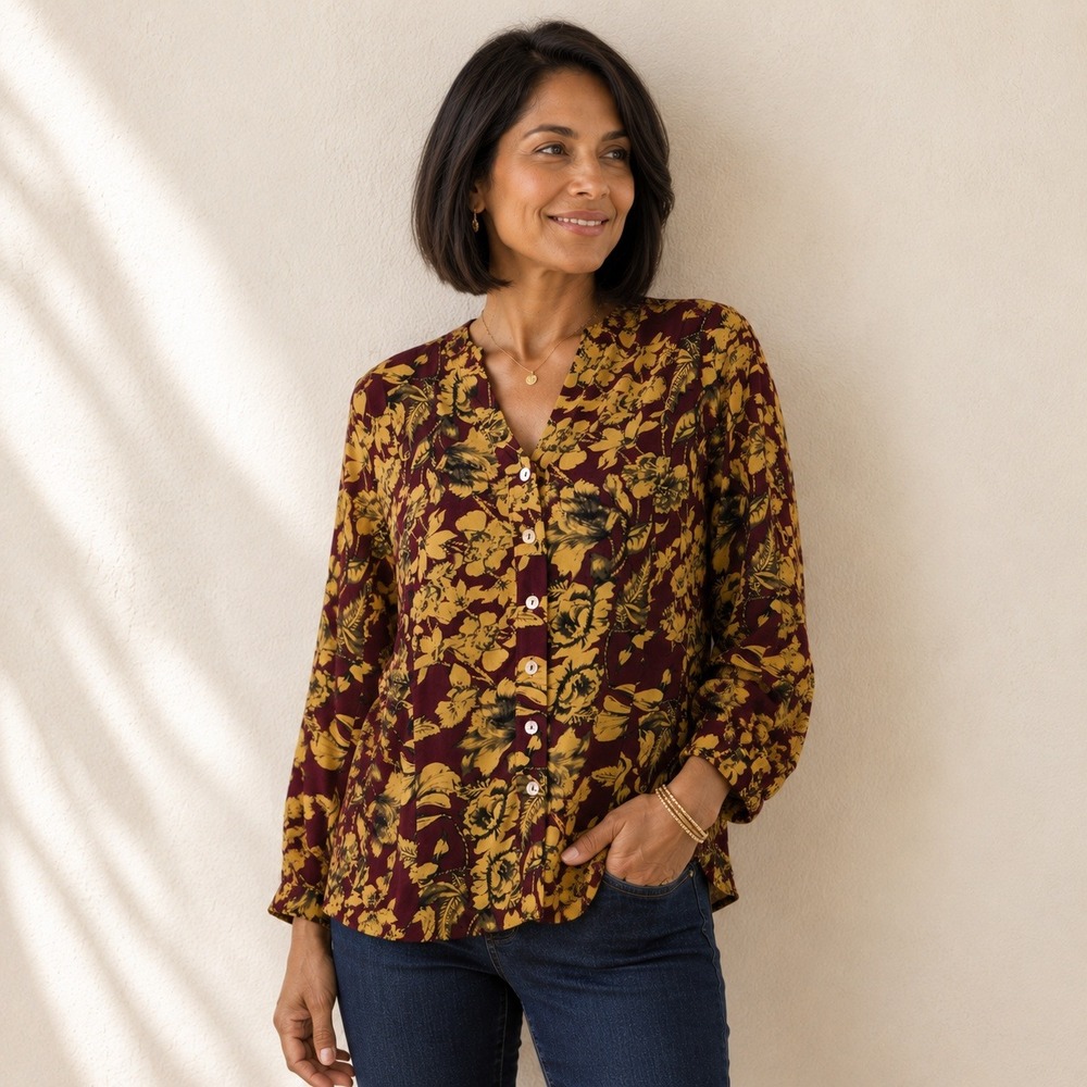 Soft Surroundings Blouse‎ Floral Red Gold Rayon Boho Hi-Low Hem Size M